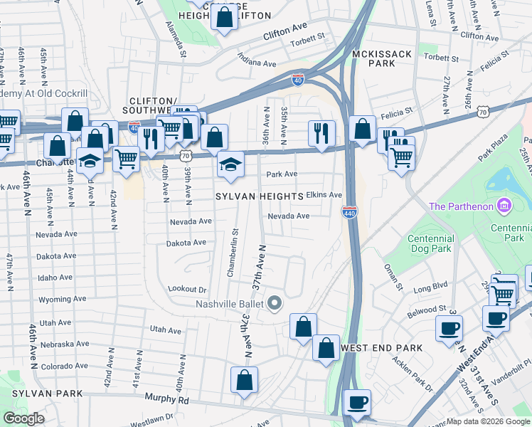 map of restaurants, bars, coffee shops, grocery stores, and more near 302 37th Avenue North in Nashville