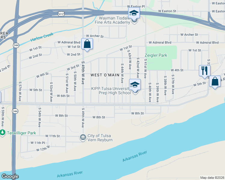 map of restaurants, bars, coffee shops, grocery stores, and more near 445 South 46th West Avenue in Tulsa