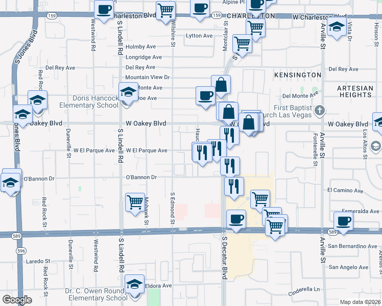 map of restaurants, bars, coffee shops, grocery stores, and more near 5001 West El Parque Avenue in Las Vegas