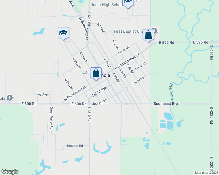map of restaurants, bars, coffee shops, grocery stores, and more near 109 South Broadway Avenue in Inola