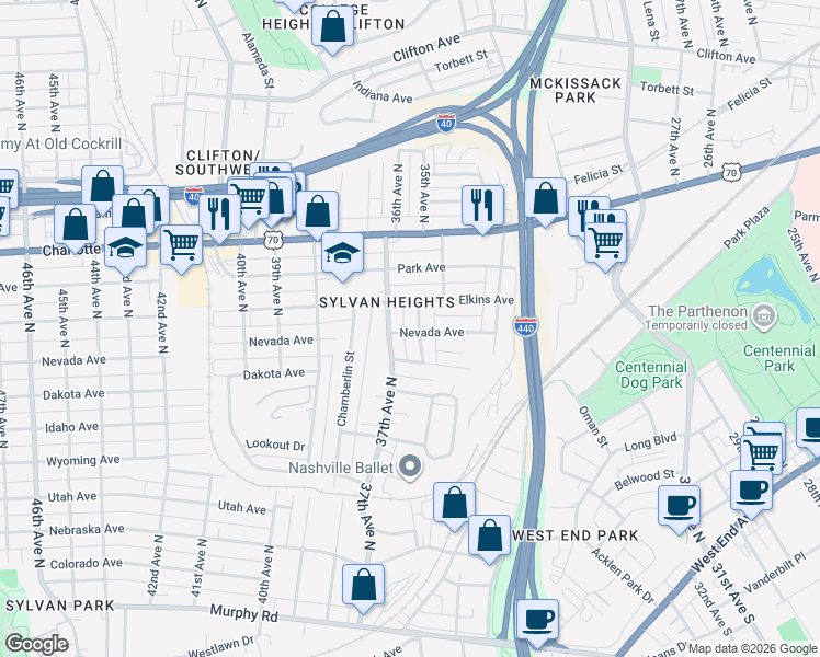 map of restaurants, bars, coffee shops, grocery stores, and more near 302 37th Avenue North in Nashville