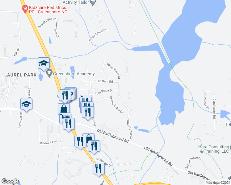 map of restaurants, bars, coffee shops, grocery stores, and more near 3303 Trail Ridge Drive in Greensboro