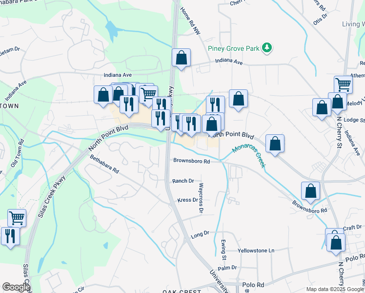 map of restaurants, bars, coffee shops, grocery stores, and more near 1015 Ranch Drive in Winston-Salem