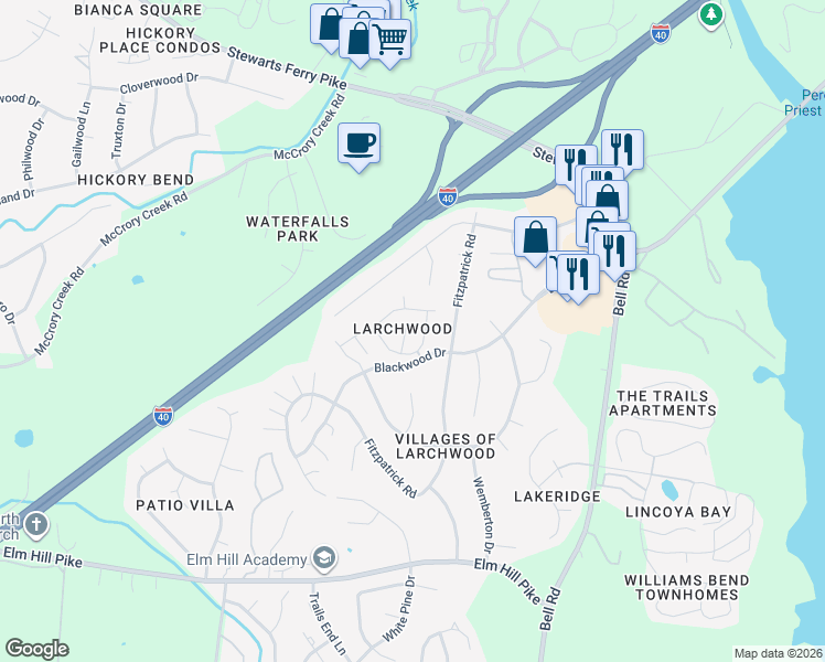 map of restaurants, bars, coffee shops, grocery stores, and more near 404 Lakebrink Way in Nashville
