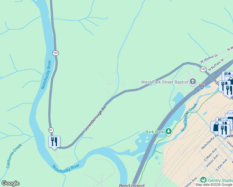 map of restaurants, bars, coffee shops, grocery stores, and more near 1625 Jonesborough Rd in Erwin