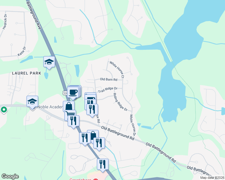 map of restaurants, bars, coffee shops, grocery stores, and more near 3305 Trail Ridge Drive in Greensboro