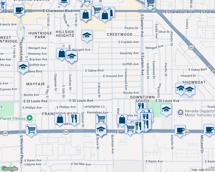 map of restaurants, bars, coffee shops, grocery stores, and more near 1828 Hassett Avenue in Las Vegas