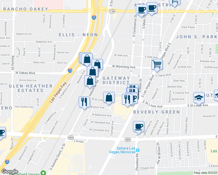 map of restaurants, bars, coffee shops, grocery stores, and more near 233 West Chicago Avenue in Las Vegas