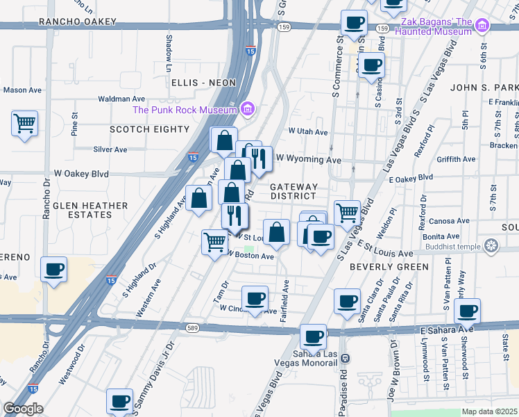 map of restaurants, bars, coffee shops, grocery stores, and more near 233 West Chicago Avenue in Las Vegas