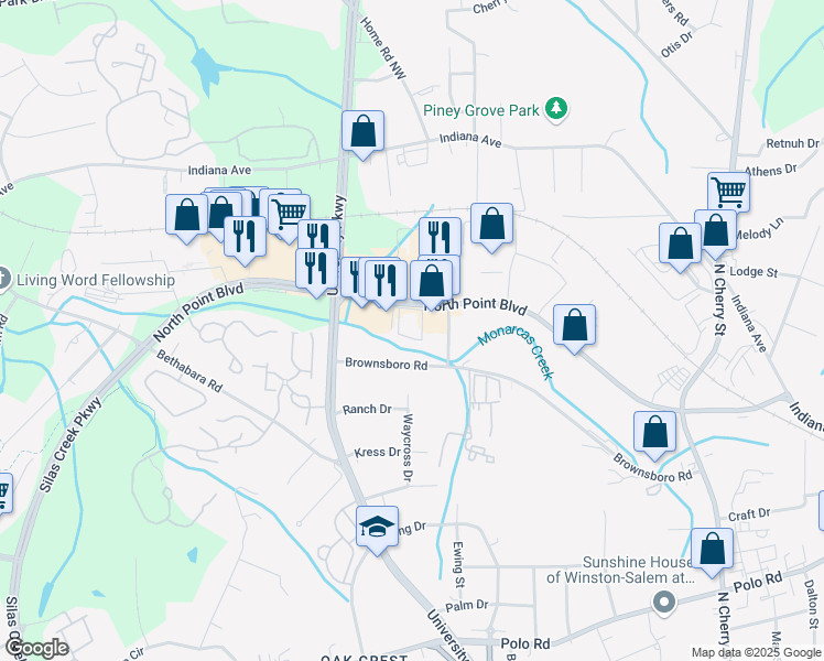 map of restaurants, bars, coffee shops, grocery stores, and more near 3990 Linn Station Road in Winston-Salem