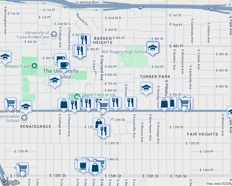 map of restaurants, bars, coffee shops, grocery stores, and more near 804 South Jamestown Avenue in Tulsa