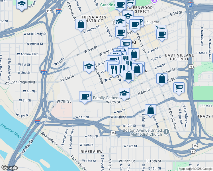 map of restaurants, bars, coffee shops, grocery stores, and more near 524 South Boulder Avenue in Tulsa