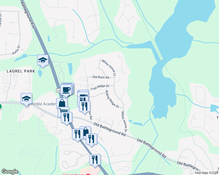 map of restaurants, bars, coffee shops, grocery stores, and more near 3305 Trail Ridge Drive in Greensboro