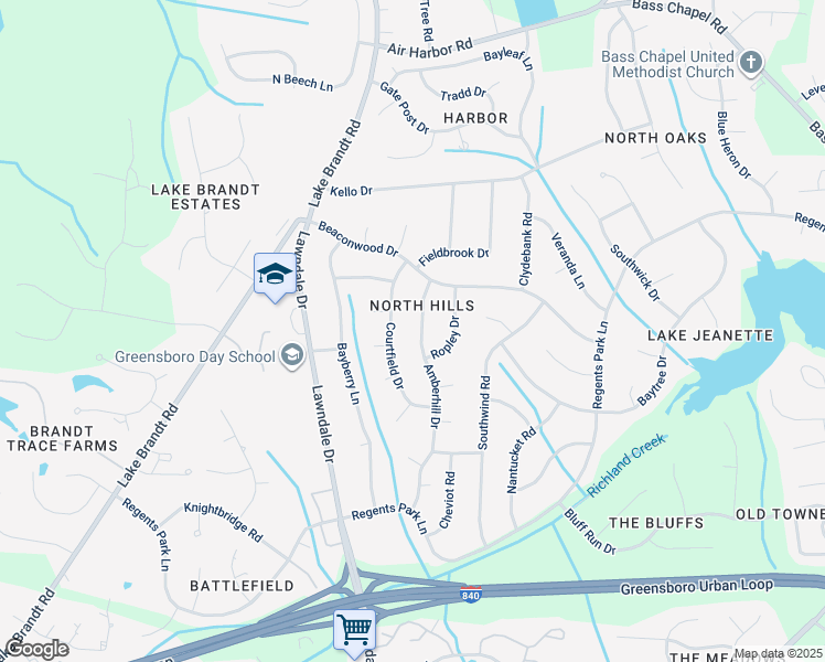map of restaurants, bars, coffee shops, grocery stores, and more near 5409 Amberhill Drive in Greensboro