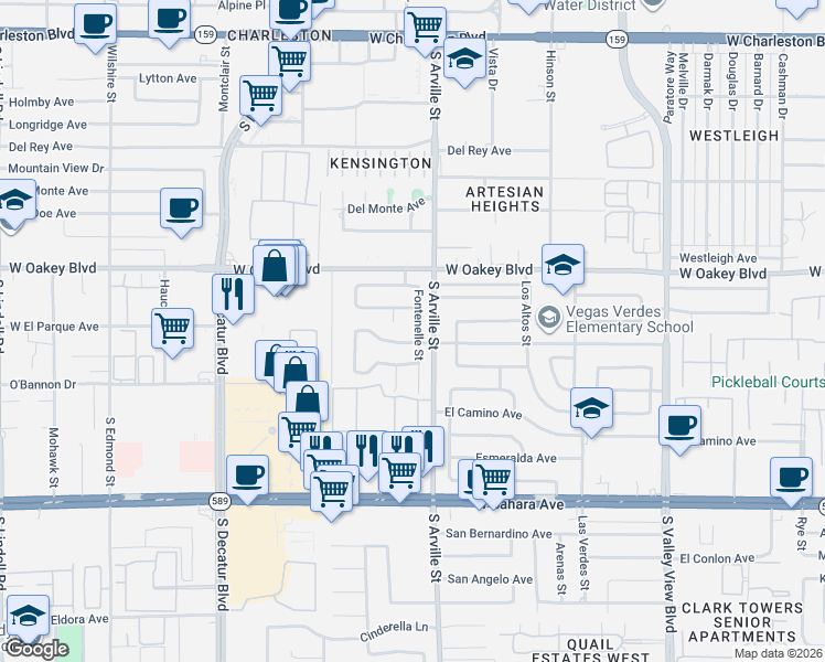 map of restaurants, bars, coffee shops, grocery stores, and more near 1904 Fontenelle Street in Las Vegas