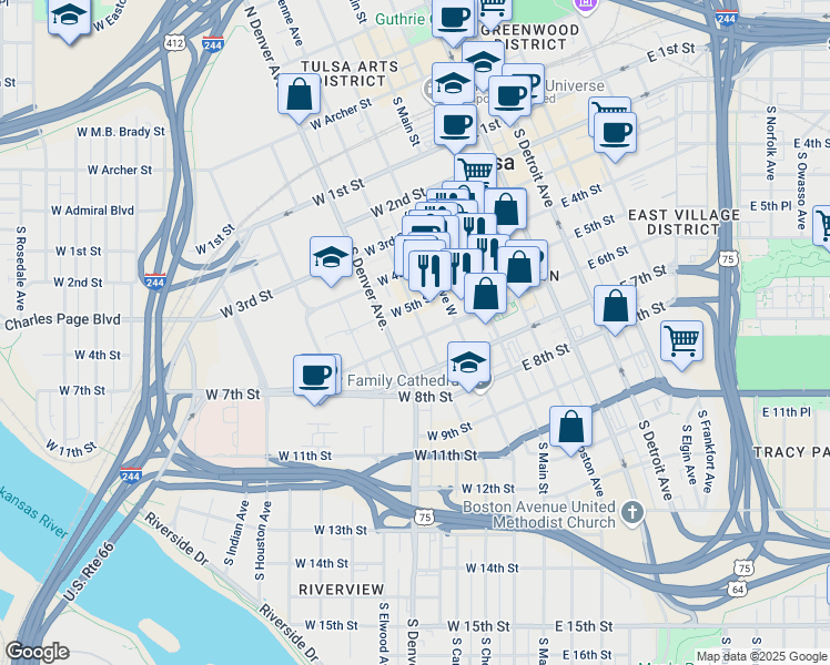 map of restaurants, bars, coffee shops, grocery stores, and more near 524 South Boulder Avenue in Tulsa