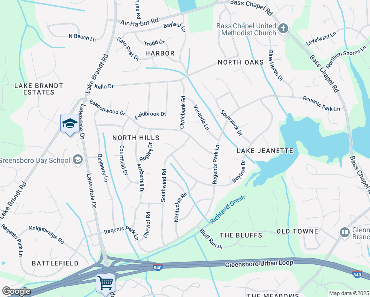 map of restaurants, bars, coffee shops, grocery stores, and more near 5406 Southwind Road in Greensboro