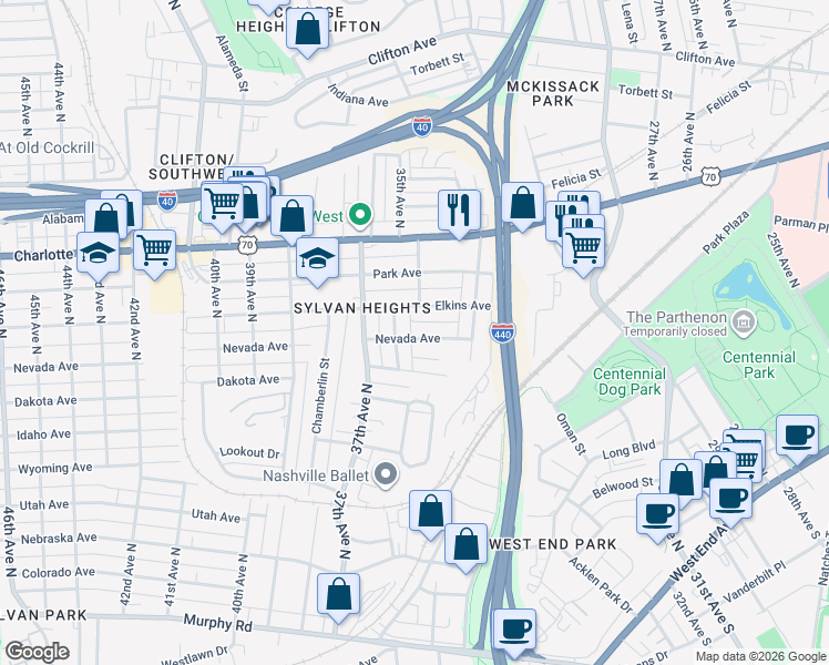 map of restaurants, bars, coffee shops, grocery stores, and more near 3318 Nevada Avenue in Nashville