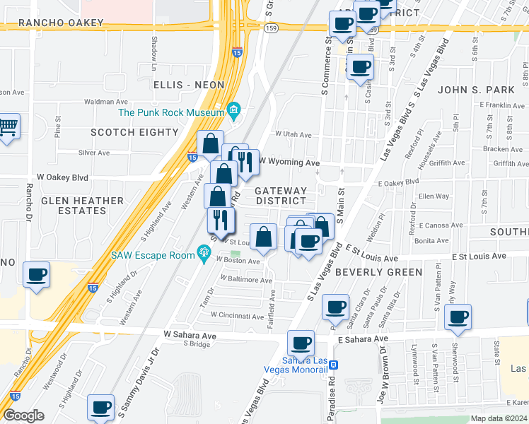 map of restaurants, bars, coffee shops, grocery stores, and more near 217 West Chicago Avenue in Las Vegas