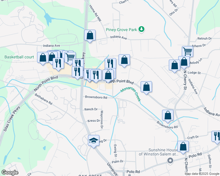 map of restaurants, bars, coffee shops, grocery stores, and more near 3990 Linn Station Road in Winston-Salem
