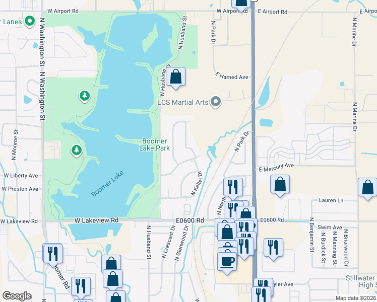 map of restaurants, bars, coffee shops, grocery stores, and more near 2716 North Keller Drive in Stillwater