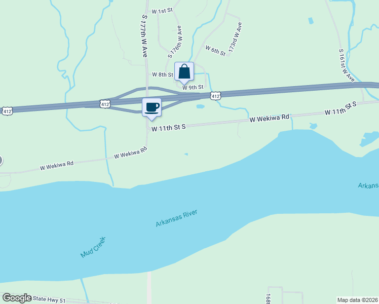 map of restaurants, bars, coffee shops, grocery stores, and more near 17306 West Wekiwa Road in Sand Springs