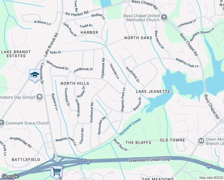 map of restaurants, bars, coffee shops, grocery stores, and more near 2411 Beaconwood Dr in Greensboro