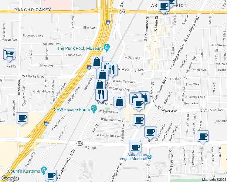 map of restaurants, bars, coffee shops, grocery stores, and more near 237 West Chicago Avenue in Las Vegas