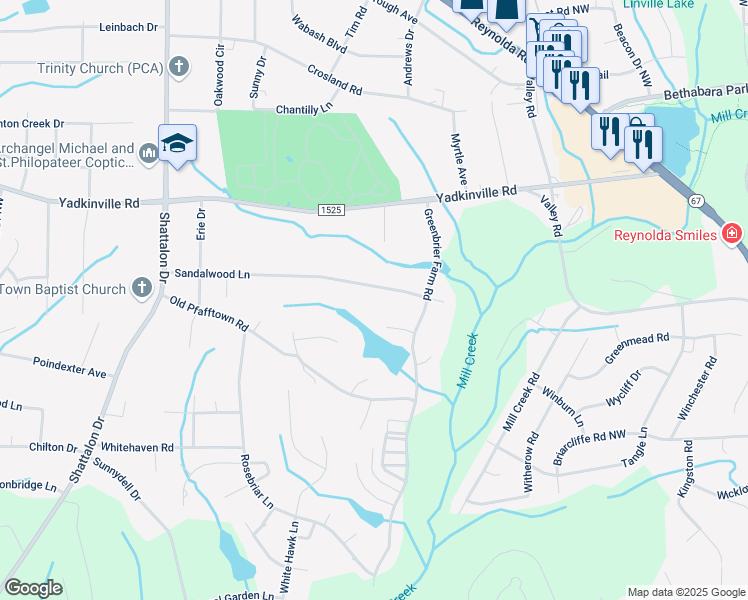 map of restaurants, bars, coffee shops, grocery stores, and more near 3786 Sandalwood Lane in Winston-Salem