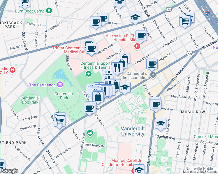 map of restaurants, bars, coffee shops, grocery stores, and more near 2312 Elliston Place in Nashville