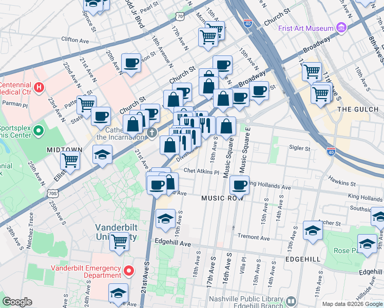 map of restaurants, bars, coffee shops, grocery stores, and more near 1907 Division Street in Nashville