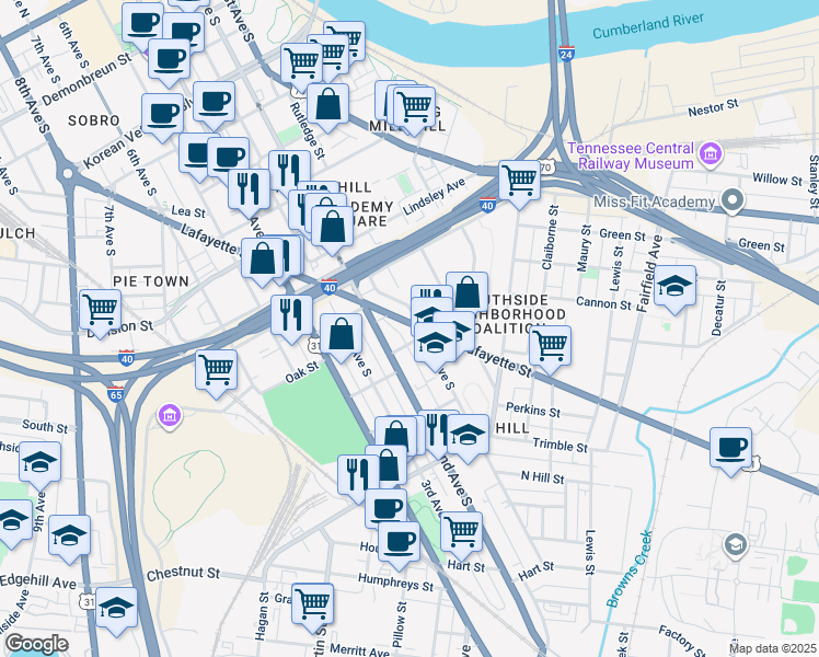 map of restaurants, bars, coffee shops, grocery stores, and more near 107 Lafayette Street in Nashville