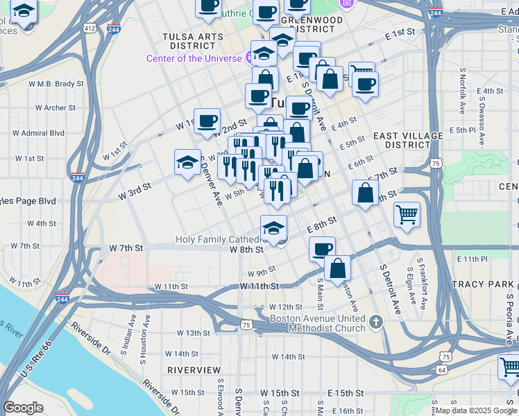 map of restaurants, bars, coffee shops, grocery stores, and more near 101 W 6th St in Tulsa