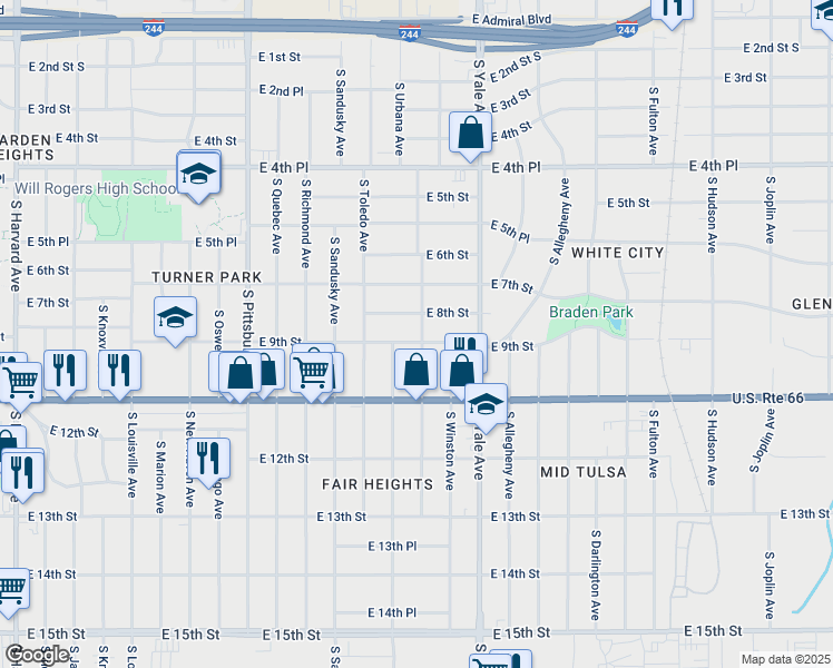 map of restaurants, bars, coffee shops, grocery stores, and more near 4547 E 9th St East Avenue in Tulsa
