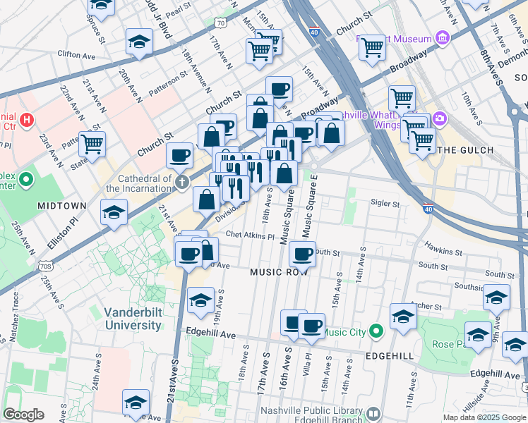 map of restaurants, bars, coffee shops, grocery stores, and more near 807 18th Avenue South in Nashville