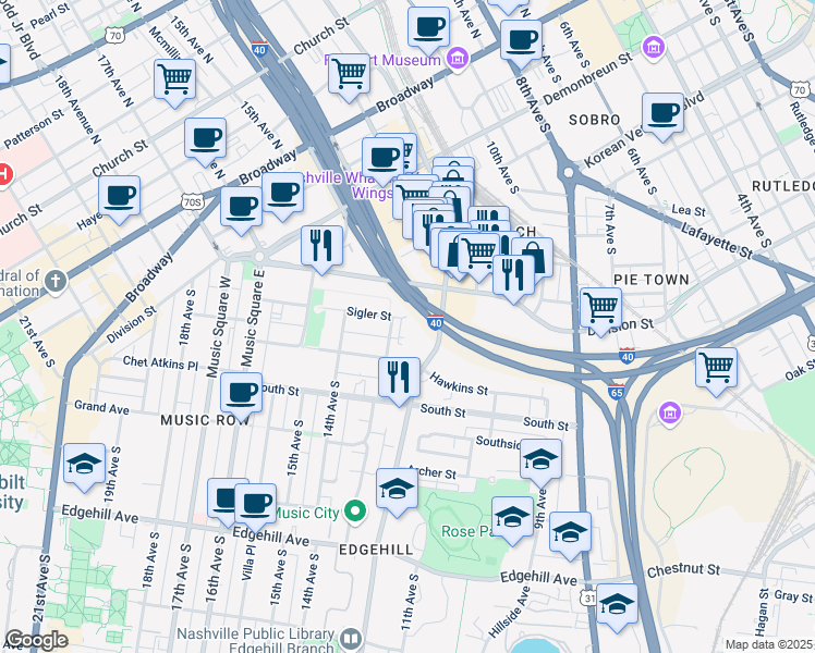 map of restaurants, bars, coffee shops, grocery stores, and more near 1113 Sigler Street in Nashville