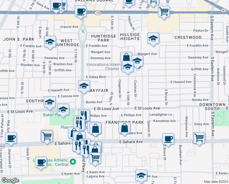 map of restaurants, bars, coffee shops, grocery stores, and more near 1801 South 15th Street in Las Vegas