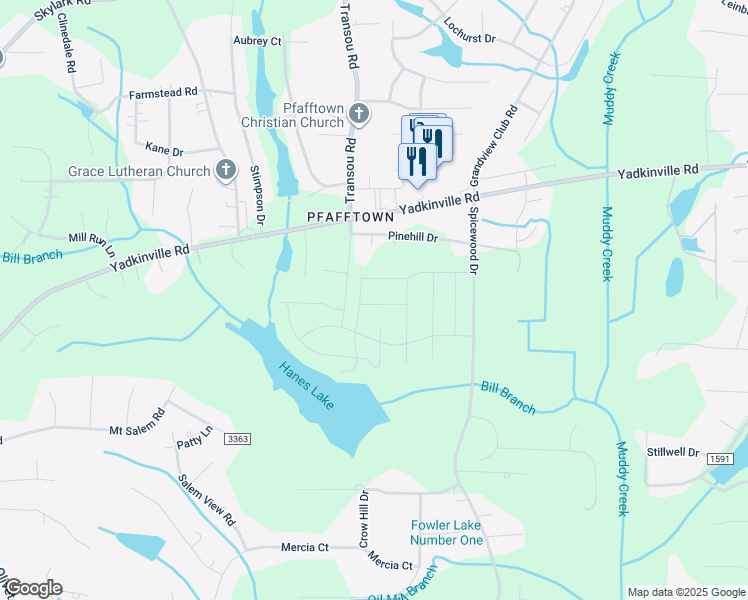 map of restaurants, bars, coffee shops, grocery stores, and more near 559 Raspberry Hill Drive in Winston-Salem
