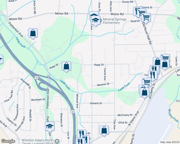 map of restaurants, bars, coffee shops, grocery stores, and more near 4360 Ogburn Avenue in Winston-Salem