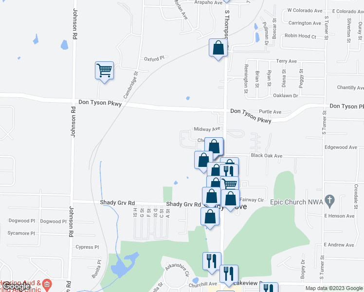 map of restaurants, bars, coffee shops, grocery stores, and more near 4011 Rochester Circle in Springdale