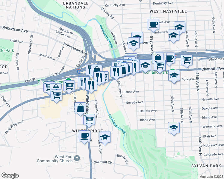 map of restaurants, bars, coffee shops, grocery stores, and more near 325 54th Avenue North in Nashville