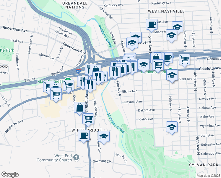 map of restaurants, bars, coffee shops, grocery stores, and more near 325 54th Avenue North in Nashville