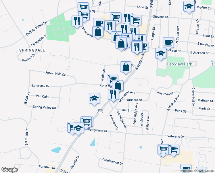 map of restaurants, bars, coffee shops, grocery stores, and more near 340 Lone Oak Drive in Cookeville