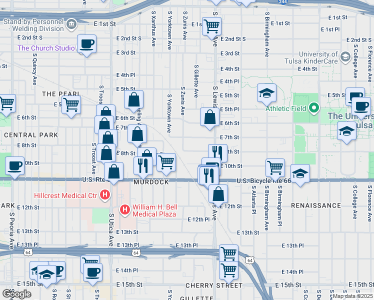 map of restaurants, bars, coffee shops, grocery stores, and more near 2207 East 8th Street in Tulsa