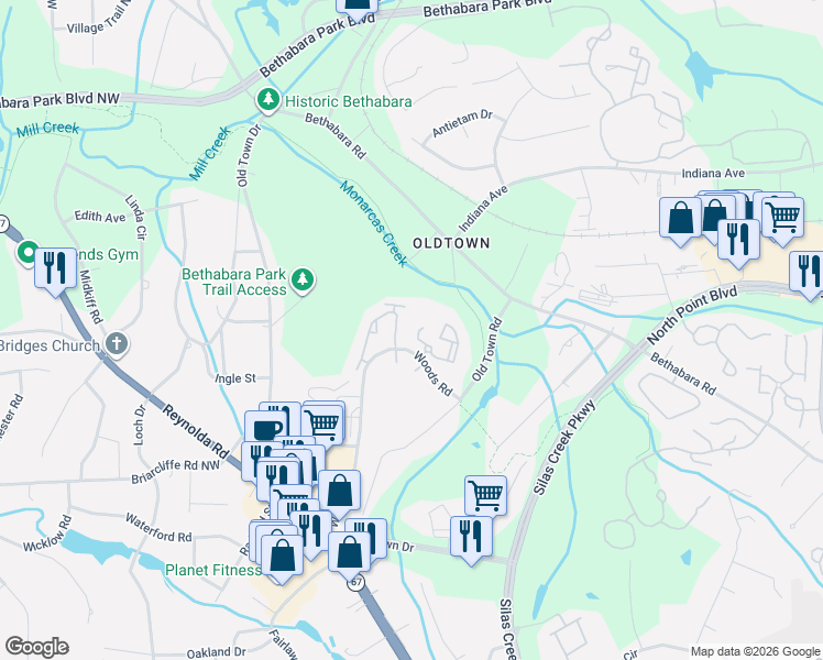 map of restaurants, bars, coffee shops, grocery stores, and more near 511 Bethabara Hills Court in Winston-Salem