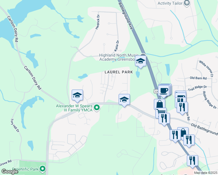 map of restaurants, bars, coffee shops, grocery stores, and more near 4501 Merlot Way in Greensboro