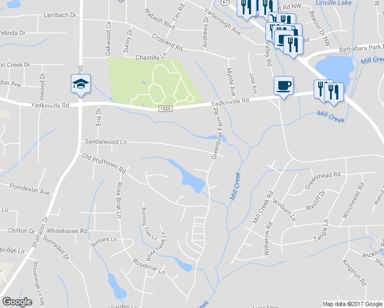 map of restaurants, bars, coffee shops, grocery stores, and more near 3786 Sandalwood Lane in Winston-Salem