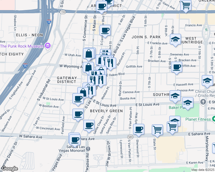 map of restaurants, bars, coffee shops, grocery stores, and more near 1806 Weldon Place in Las Vegas