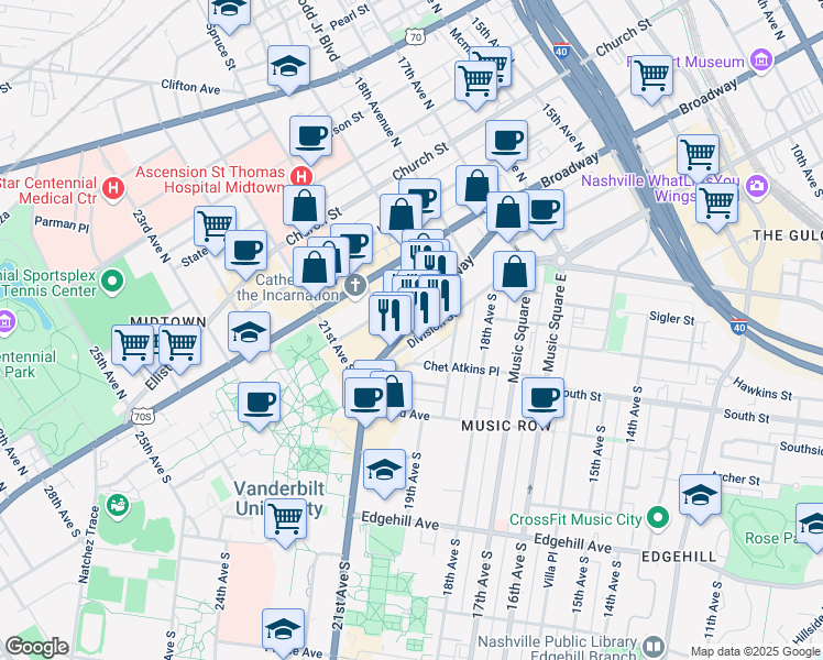 map of restaurants, bars, coffee shops, grocery stores, and more near 1915 Broadway in Nashville