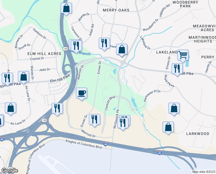 map of restaurants, bars, coffee shops, grocery stores, and more near 26 Century Boulevard in Nashville